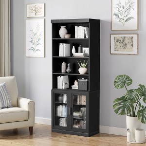 80x31x16 Wood Accent Sideboard Cabinet in Black, Storage Organizer with Adjustable Shelves and Glass Doors for Kitchen Bedroom Living/Dinning Room - 1 of 4