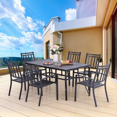 7pc Patio Dining Set with 59"x35" Rectangle Steel Table with 2.6" Umbrella Hole & Stripe Pattern Arm Chairs - Black - Captiva Designs