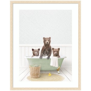 Kate and Laurel Three Bear Cubs in Cottage Green Bath by Amy Peterson Framed Wall Art Print, 27 x 34, Woodgrain Stripe Blonde - 1 of 4