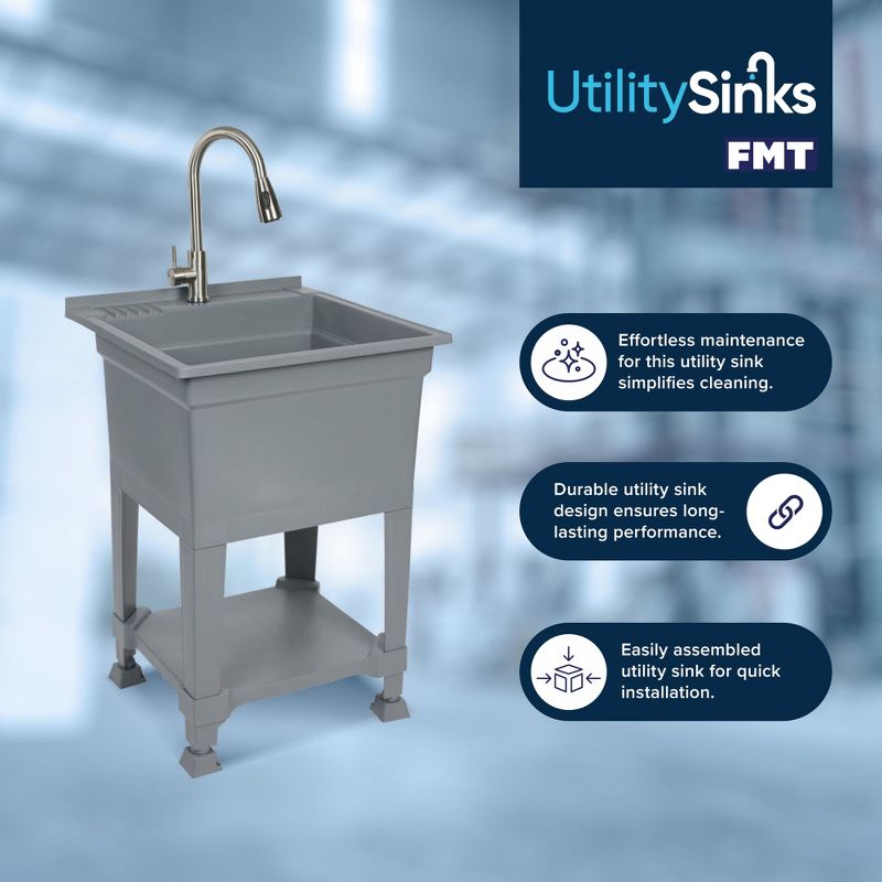 UTILITYSINKS 24 Inch Compact Freestanding Utility Tub Sink with Quick Connect Drain and Convenient Under Basin Storage, Grey, 2 of 7