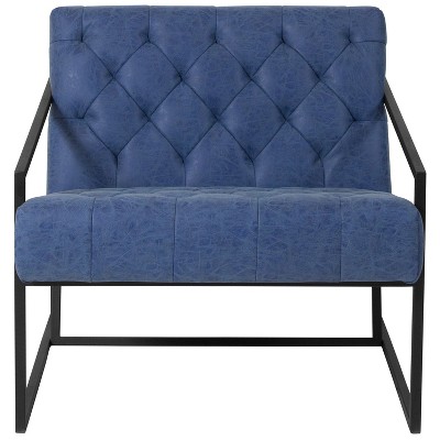 Retro Blue Tufted Leather Lounge Chair with Metal Frame