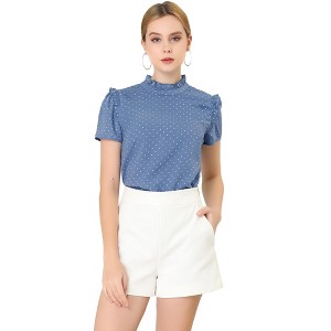 Allegra K Women's Ruffled Retro Short Sleeve Office Polka Dots Blouses - 1 of 4