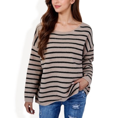 Anna-Kaci Women's Striped Boatneck Sweater with Relaxed Fit and Long Sleeves