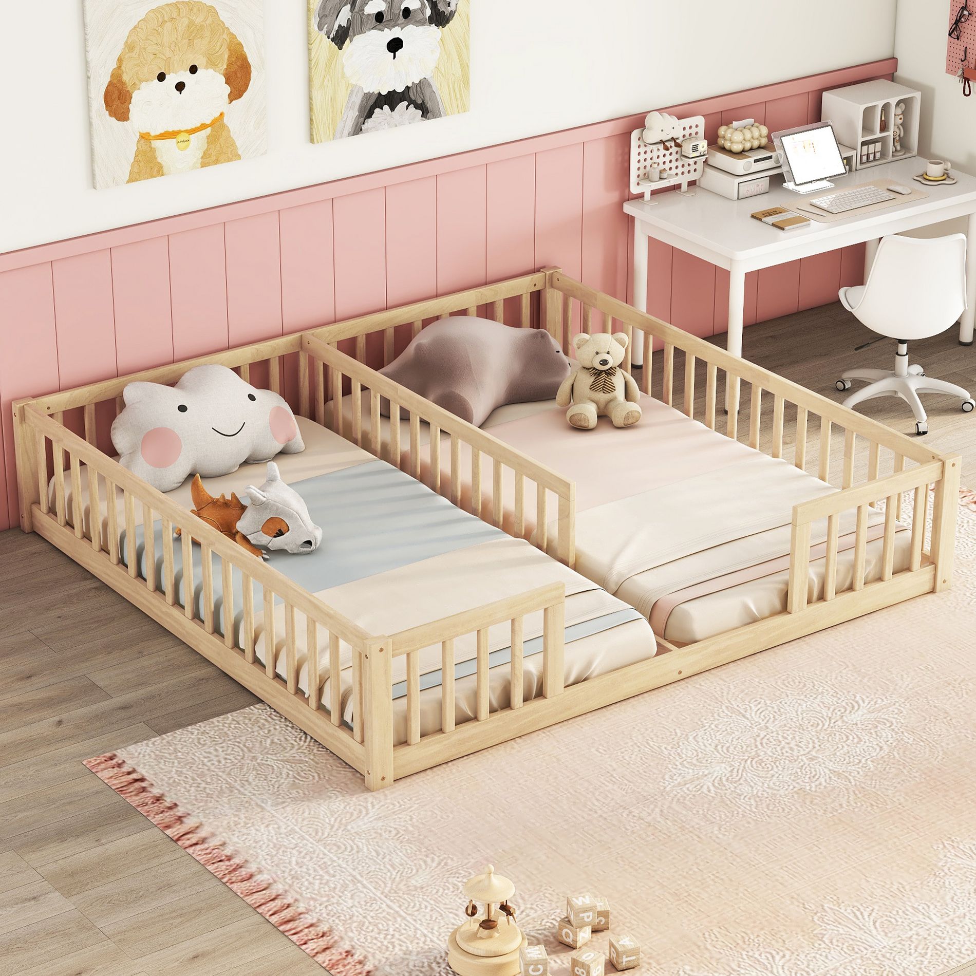 Dolonm Kid Double Twin Pine Wood Floor Bed with Fence, Guardrails, No Door,Natural
