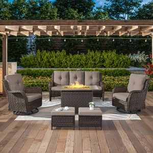 POCASSY 5-Piece Patio Furniture Set with Fire Pit Table, Brown Wicker Outdoor Fire Pit Set With Patio Sectional Sofa, Swivel Chair, Rattan Footrest - 1 of 4