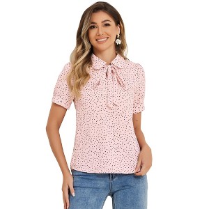 INSPIRE CHIC Women's Retro Dots Print Bow Tie Peter Pan Collar Chiffon Blouse - 1 of 4