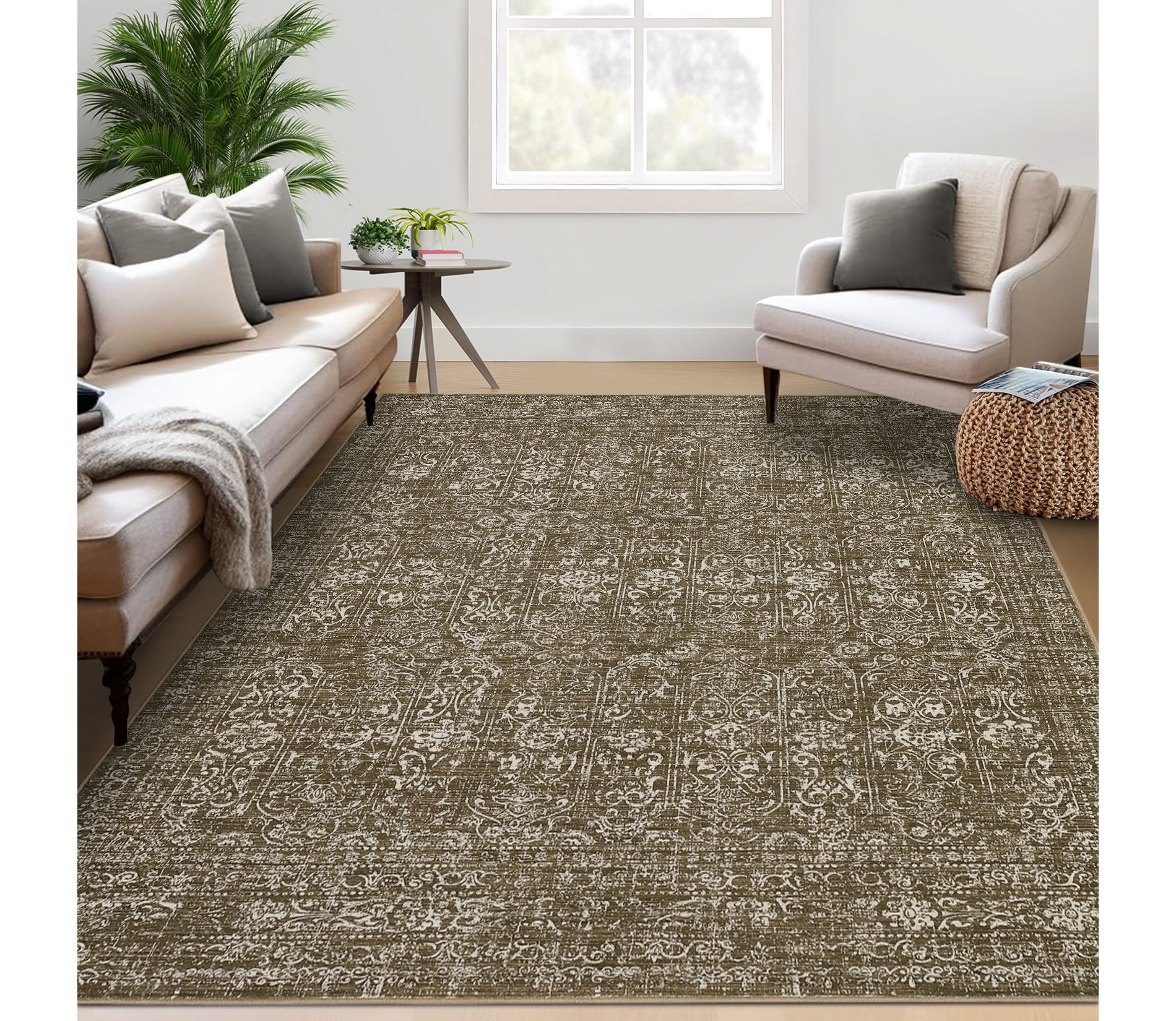 Vintage Area Rug Washable Rug Floral Bedroom Rugs Non Slip Low Pile Throw Rugs, 6'x9'