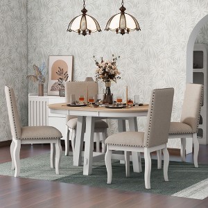 NicBex Round Dining Room Table Set for 4 Rustic Extendable Kitchen Table with MDF Tabletop and 4 Upholstered Chairs for Dining Room - 1 of 4