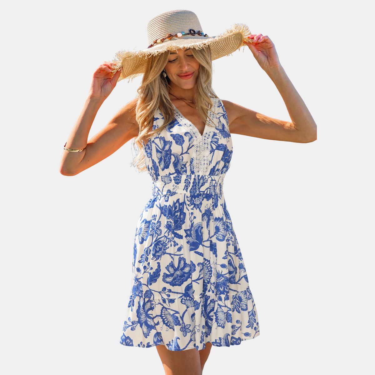 Cupshe Women's Floral Print Flowy Beach Dress With Lace Details