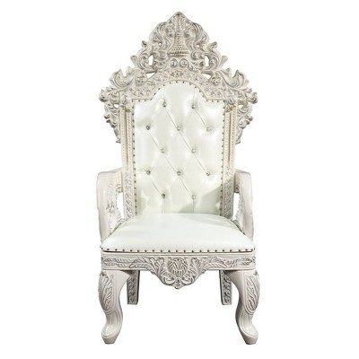 High-Back Tufted White Faux Leather & Wood Armchair Set
