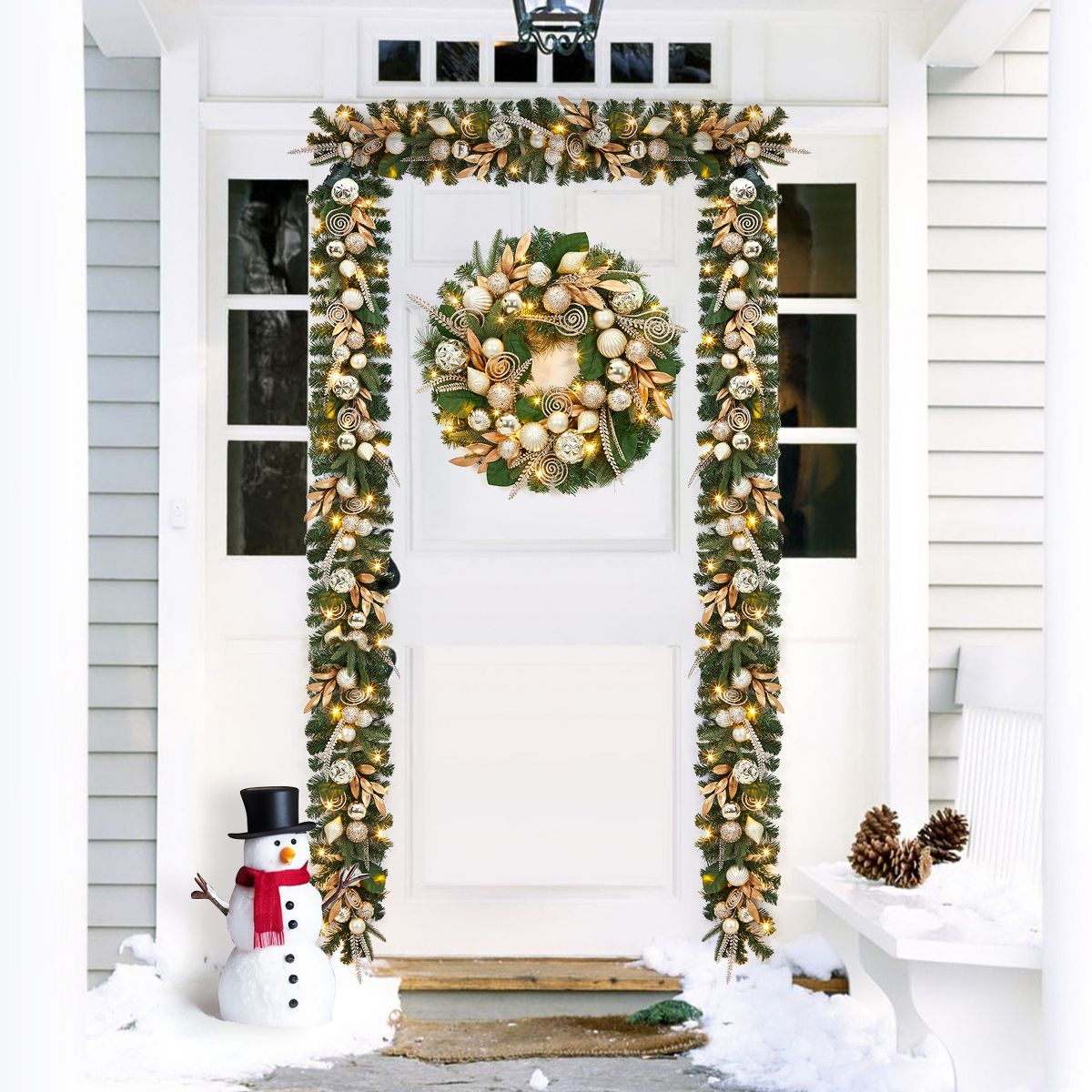 Garvee 6Ft Gold Christmas Garland with Gold Leaves & Ornaments - Modern Minimalist Artificial Pine Garland for Mantel, Staircase Holiday Decor - thumbnail 4
