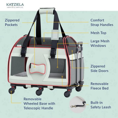 Medium Gray and Red Soft-Sided Rolling Pet Carrier
