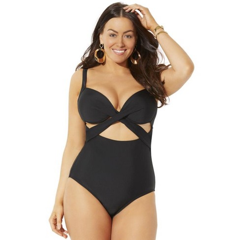 Swimsuits for All Women's Plus Size Cut Out Underwire One Piece Swimsuit -  6, Black