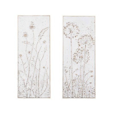 Storied Home Set of 2 Metal Decorative Wall Décor with Flowers White : Vertical Botanical Art, Framed Metalwork