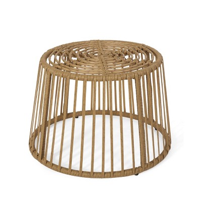 GDFStudio Apulia Outdoor Wicker and Iron Round Side Table, Light Brown