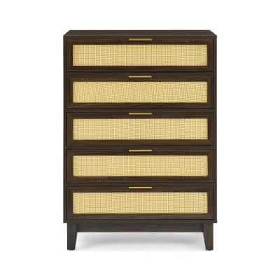 5-Drawer Chest For Bedroom, Rattan Chest Of Drawers, Modern Storage Dressers Organizer With Metal Handles For Living Room Hallway Entryway