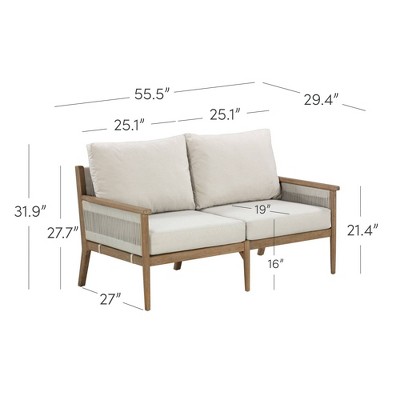 Kayden Light Brown Acacia Wood Outdoor Loveseat with Gray Cushions