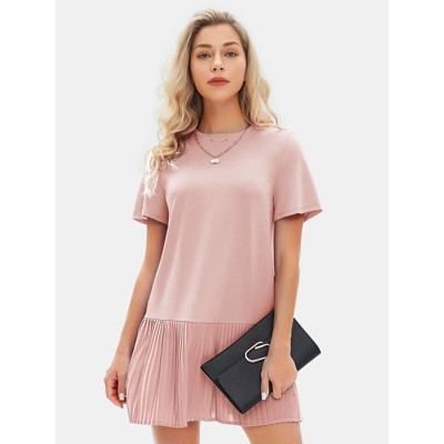EXLURA Womens Summer Casual Short Sleeve Dress Crewneck Tshirt Dresses Pleated Aline Mini Dress 2025 Vacation Beach Sundress
