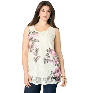 Roaman's Women's Plus Size Printed Lace Tank - 1 of 4