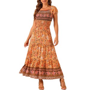 INSPIRE CHIC Women's Boho Floral Square Neck Midi Smocked Maxi Dress - 1 of 4
