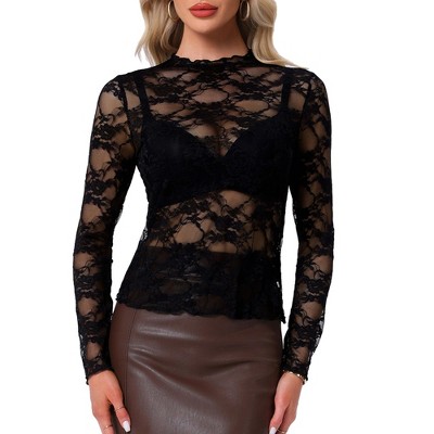 INSPIRE CHIC Women's Mesh Mock Neck Sheer See Through Floral Lace Blouse
