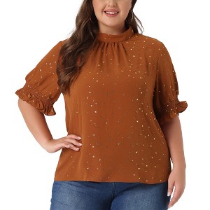 Agnes Orinda Women's Plus Size Glitter Pleated Keyhole Back Star Print Puff Sleeve Blouses - 1 of 4