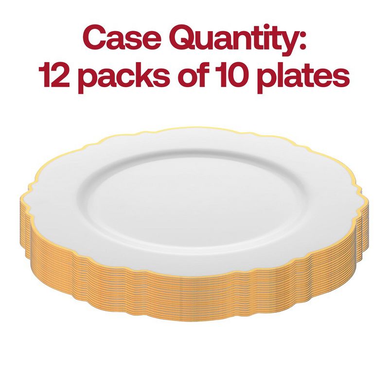 Smarty Had A Party 10.25" White with Gold Rim Round Blossom Disposable Plastic Dinner Plates (120 Plates), 3 of 7