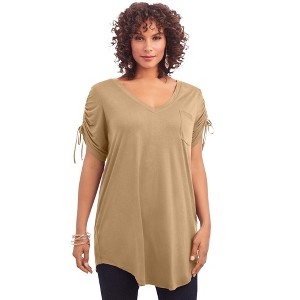 Roaman's Women's Plus Size Ruched Sleeve Ultra Femme Tunic - 1 of 4