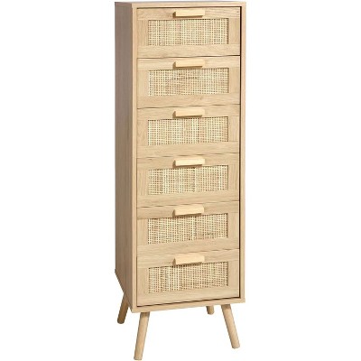 Finnhomy Rattan Dresser for Bedroom, Tall Dresser with 6 Hand Made Rattan Decorated Drawers, Small Chest of Drawers