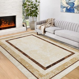 Fulvari Modern Bordered Area Rug Soft Washable Rug Non Slip Non Shedding Floor Carpet Low Pile Thin Rug, Distressed Geometric Rug - 1 of 4