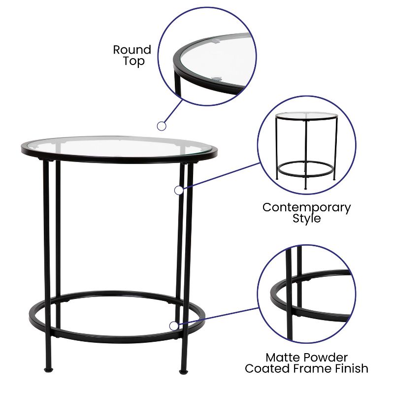 Flash Furniture Astoria Collection Coffee and End Table Set - Clear Glass Top with Round Matte Black Frame - 3 Piece Occasional Table Set, 6 of 13