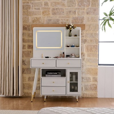 VYNXARIA Modern Makeup Vanity Desk,Retractable Dressing Table with Drawers and Cabinet,Compact Makeup Table for Bedroom, White