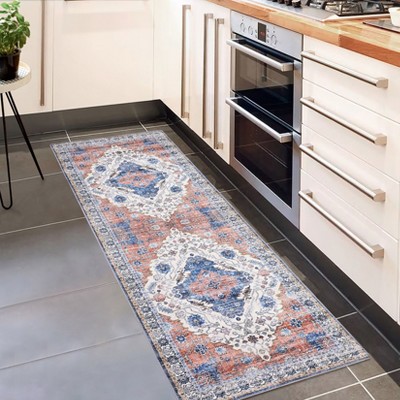 2x6 Runner Rug - Washable, Non Slip, Vintage Distressed, Medallion Floral Carpet, Indoor Retro Throw Floor Mat, for Hallway Bedroom Kitchen. Orange