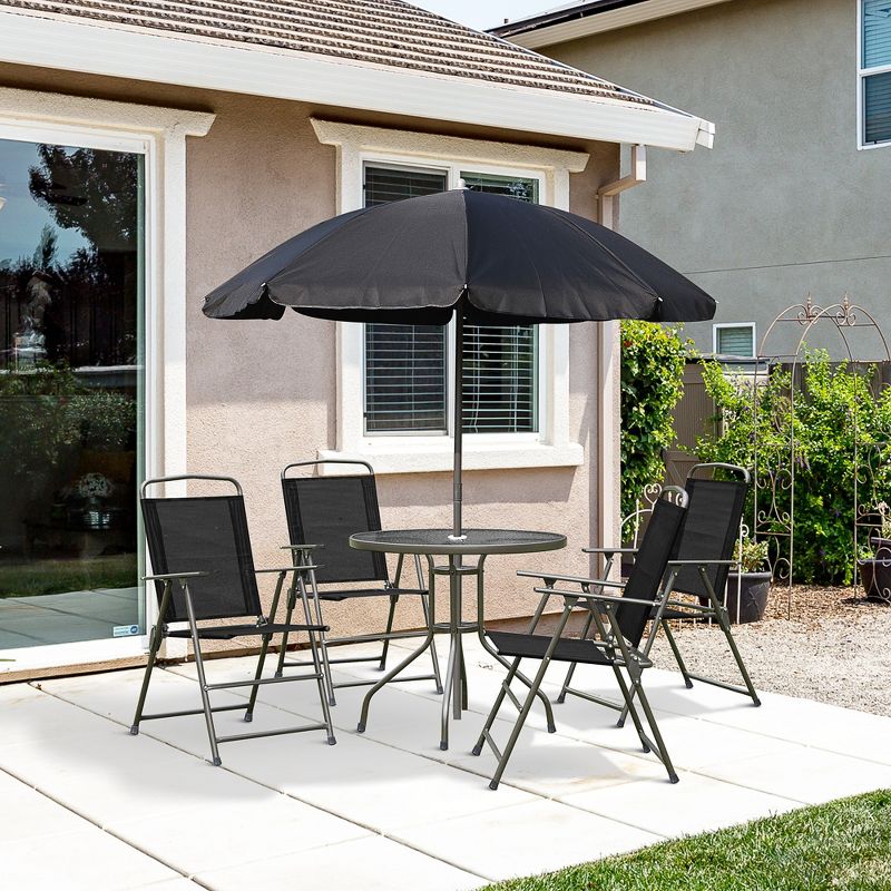 Outsunny 6 Piece Patio Dining Set for 4 with Umbrella, 4 Folding Dining Chairs & Round Glass Table for Garden, Backyard, and Poolside, 3 of 11