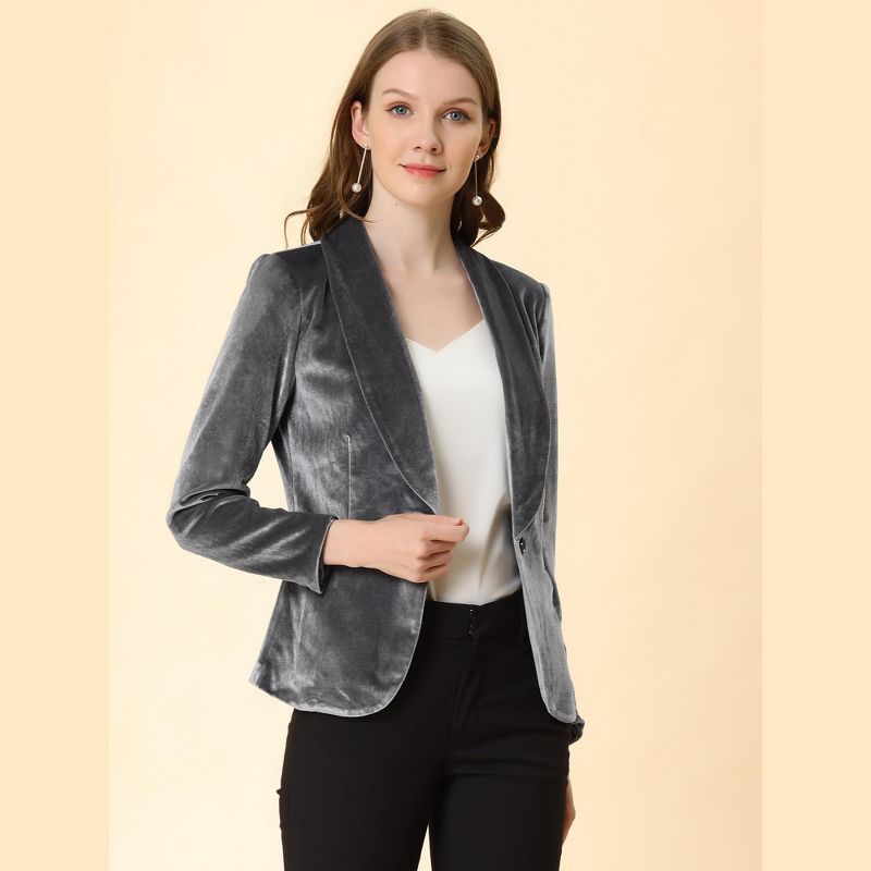 Allegra K Women's Office Solid Shawl Collar Jetted Pockets One Button Velvet Blazer, 3 of 8