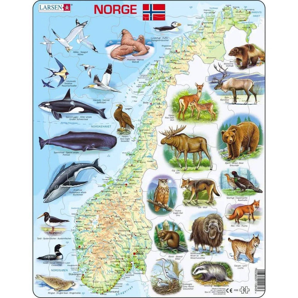 Photos - Jigsaw Puzzle / Mosaic Larsen Puzzles Norway Map with Animals Kids Jigsaw Puzzle - 62pc