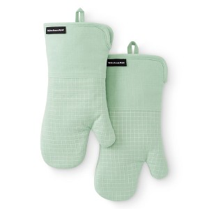 KITCHENAID Gourmet Series Gridlines Oven Mitts 2-Pack Set, Heat Resistant up to 600°F, Soft Silicone Grip, Magnetic Cuff, Pistachio Green, 7"x14" - 1 of 4