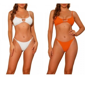 Elerevyo Women's 2 Piece Ribbed Solid Color Bikini Sets, Spaghetti Strap Backless Swimwear Bathing Suit Swimsuit 2 Sets - 1 of 4