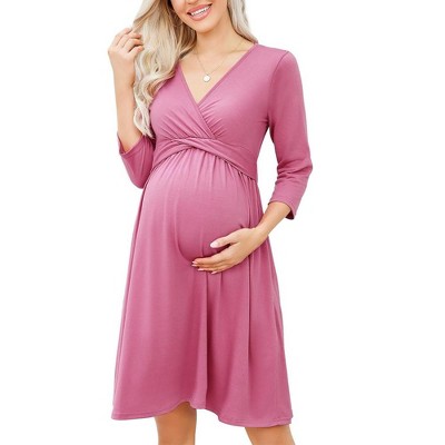 WhizMax Women's Maternity Dress 3/4 Sleeve V Neck Nursing Dresses Casual A Line Ruffle Party Midi Dress