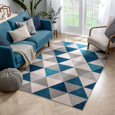 Modern Geometric Blue Synthetic 5' x 7' Easy-Care Area Rug