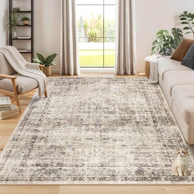 Washable Floral Rug Thin Non-Slip Low Pile Area Rug Stain Resistant Foldable Space-Saving Carpet Mat for Entryway