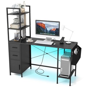 Costway Office Desk with LED Lights & Power Outlets Open Shelves 2 Drawers Cabinet - 1 of 4