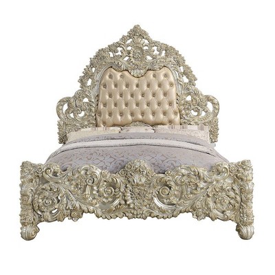 Sorina King Bed with Antique Gold Finish and Tufted Upholstered Headboard