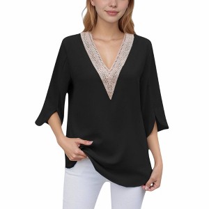 Anna-Kaci Women's V-Neck Blouse with Lace Trim Detail and 3/4 Split Sleeves Relaxed Fit - 1 of 4