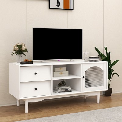 Modern TV Stand With Drawers, Open Shelves, Entertainment Center Media Console Storage Cabinet With Glass Doors