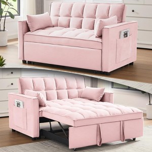 TiranisuBest 3-in-1 Convertible Sleeper Beige Sofa Bed, Velvet Futon Couch with Adjustable Backrest, Side Pocket & Pull-Out Function for Living Room - 1 of 4