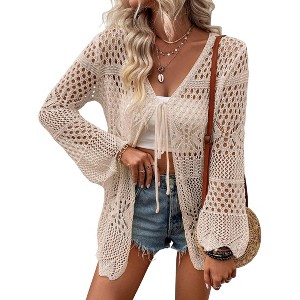 Womens Cardigan Spring Tops Sheer Lightweight Summer Cardigan Beach Cover Up Tops V Neck Lantern Sleeve Sweater Cardigan - 1 of 4
