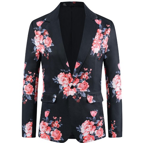 Lars Amadeus Men's Slim Fit Dress Party Flower Printed Floral Sport Coats Black Small