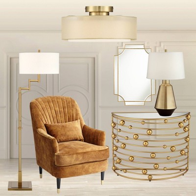 Elegant Gold Plated 16'' Drum Ceiling Light with Sheer Fabric & Opal Glass