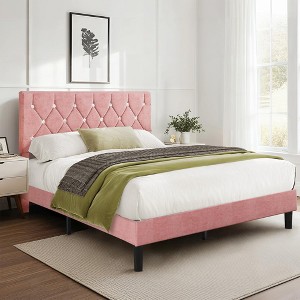 VECELO Queen/Full/Twin Upholstered Platform Bed Frame with Button Tufted Adjustable Headboard - 1 of 4